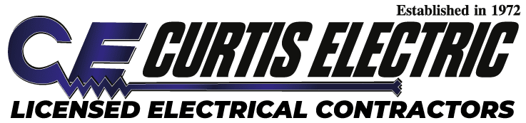 Logo of Curtis Electric, featuring stylized lettering in blue and white with a lightning bolt design, and text "Established in 1972" above.